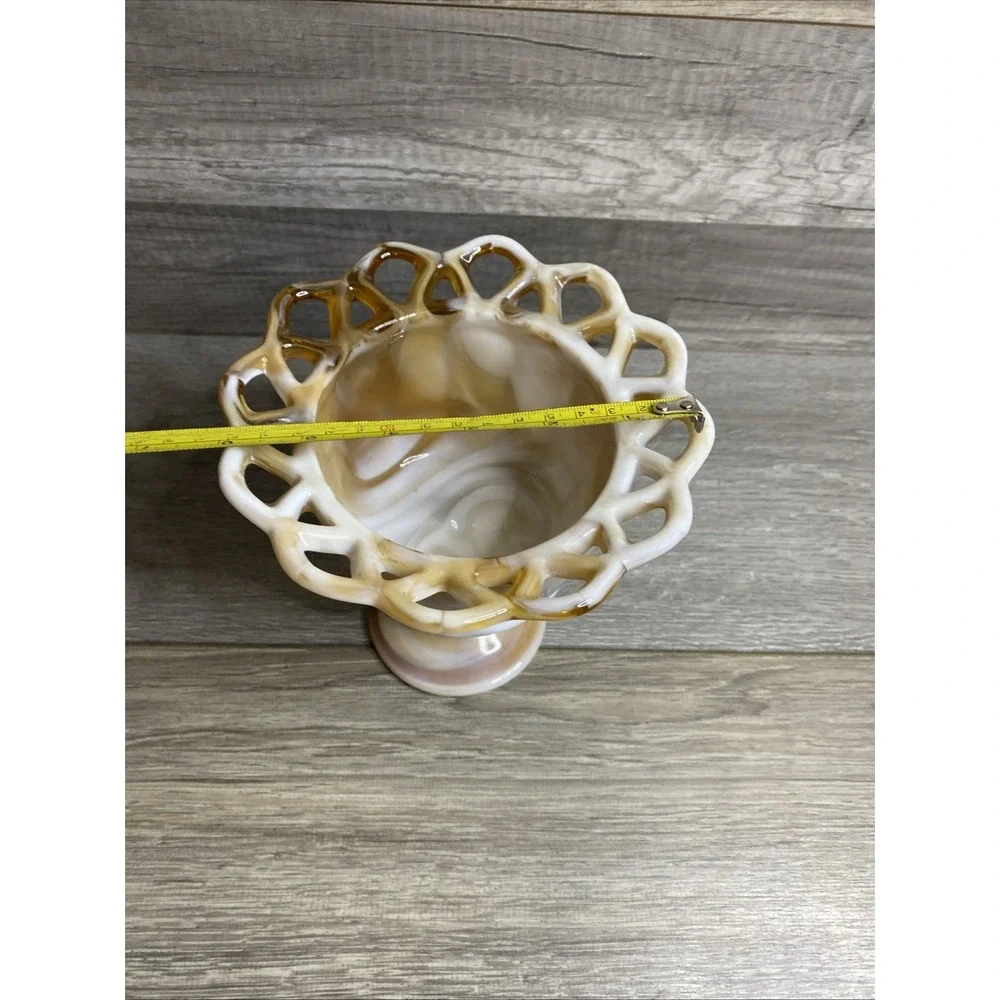 Vtg Laced Edge Imperial Slag Glass Caramel  Pedestal Candy Dish Planter USA